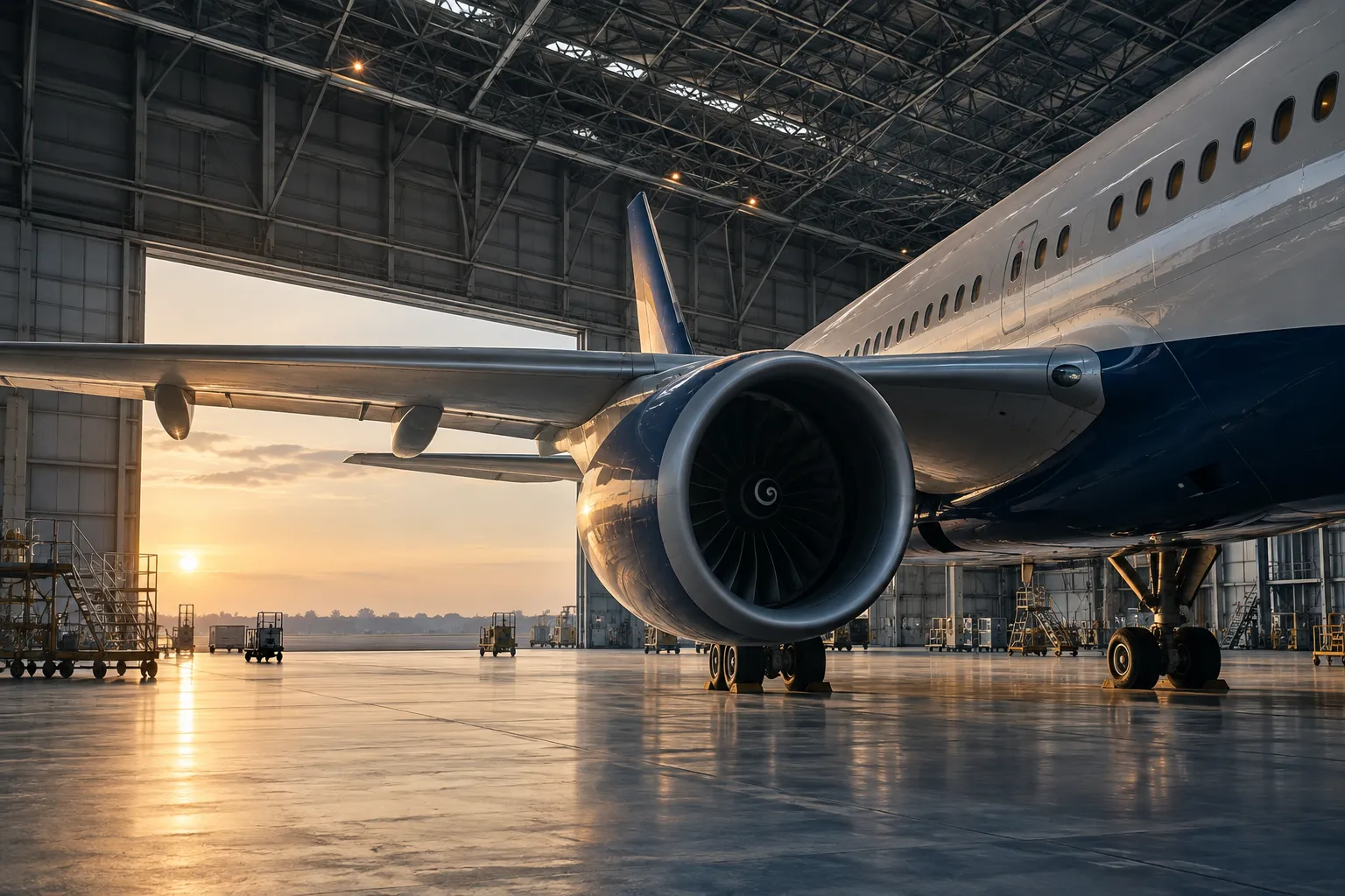 Commercial aircraft inside a maintenance hangar