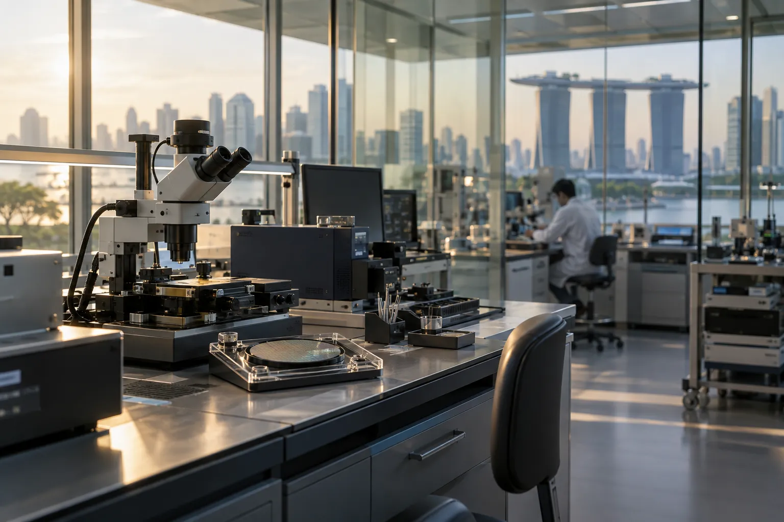 Electronics research laboratory with precision equipment